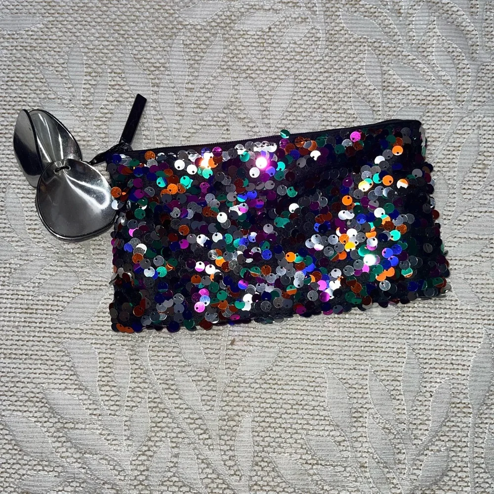 MAC Sequin Clutch with Silver Flower Accent